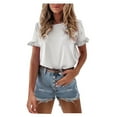 thumbnail image 1 of Blouses For Women Short Sleeve Casual Ruffle Plain Round Neck Loose Fit Tee Elegant T-Shirts, 1 of 7