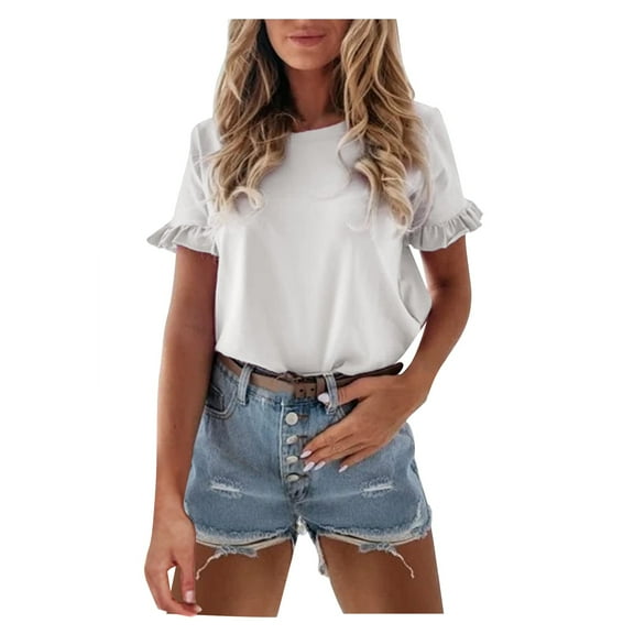 Blouses For Women Short Sleeve Casual Ruffle Plain Round Neck Loose Fit Tee Elegant T-Shirts