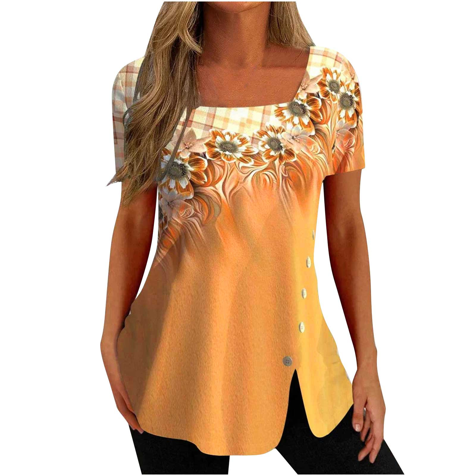 Blouses For Women Short Sleeve Floral Print T Shirt For Ladies Square ...