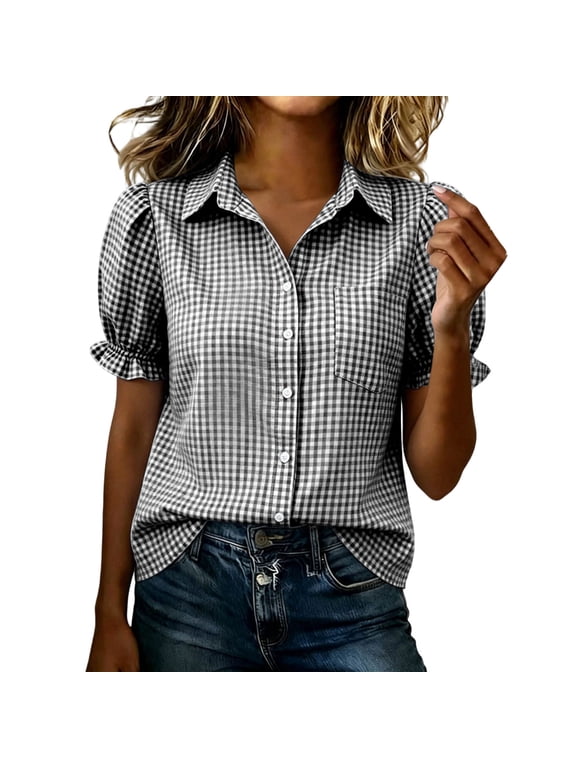 Blouses For Women Summer Puff Sleeve Button Detail Plaid Pocket Casual Relaxed Minimalist Coastal Vacation Brunch Lounge Daily Wear Modern Everyday