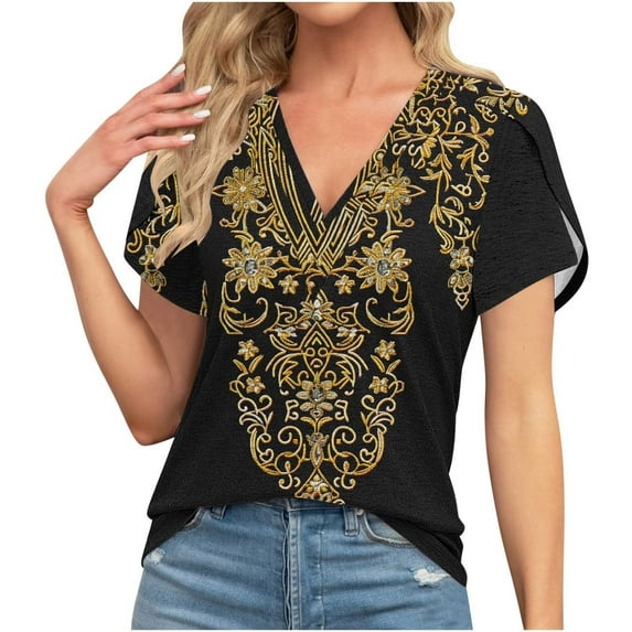 Blouses For Women Summer Solid Color V Neck Tops Casual Cute Petal Short Sleeve T Shirt Womens Flowy Tunic Top Female Dressy Fitted Tees Shirts