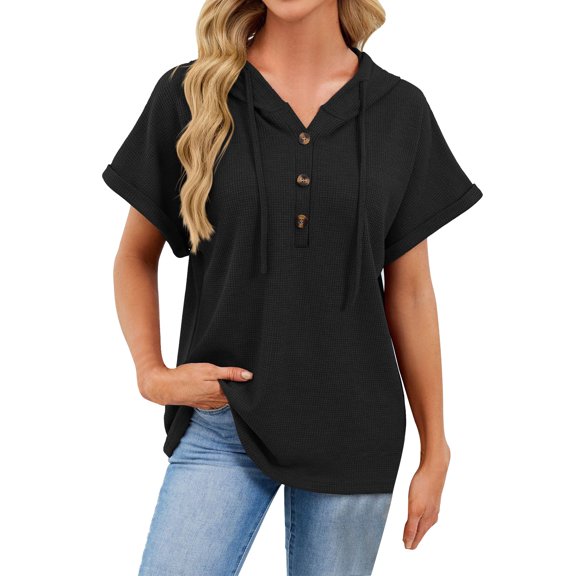 Blouses For Women Summer Tops Knit Short Sleeve Lightweight Hoodies Button V Neck Casual Blouses Shirts Womens Tops