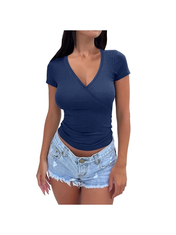 Blouses For Women, Tshirts for Women Short Sleeve Deep V Neck Tops Cross Wrap Ruched Plunge Slim Fit Tee Shirts Tunic Tops Tee