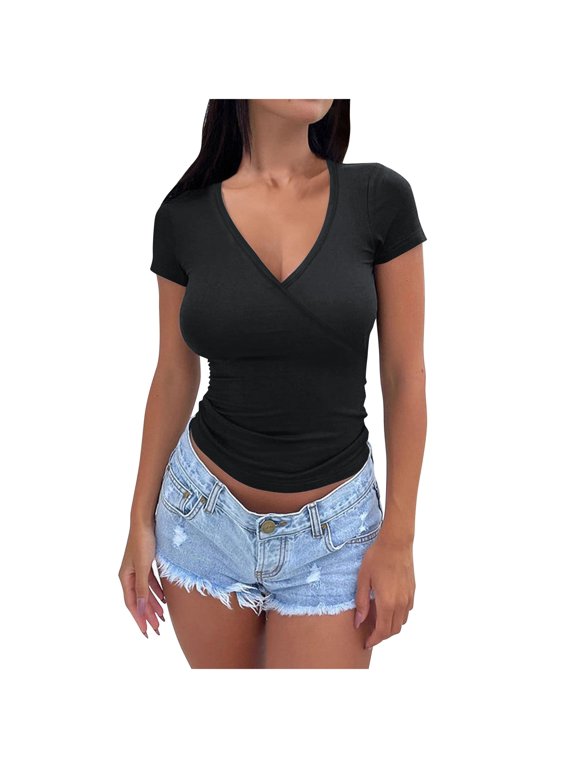 Blouses For Women, Tshirts for Women Short Sleeve Deep V Neck Tops Cross Wrap Ruched Plunge Slim Fit Tee Shirts Tunic Tops Tee