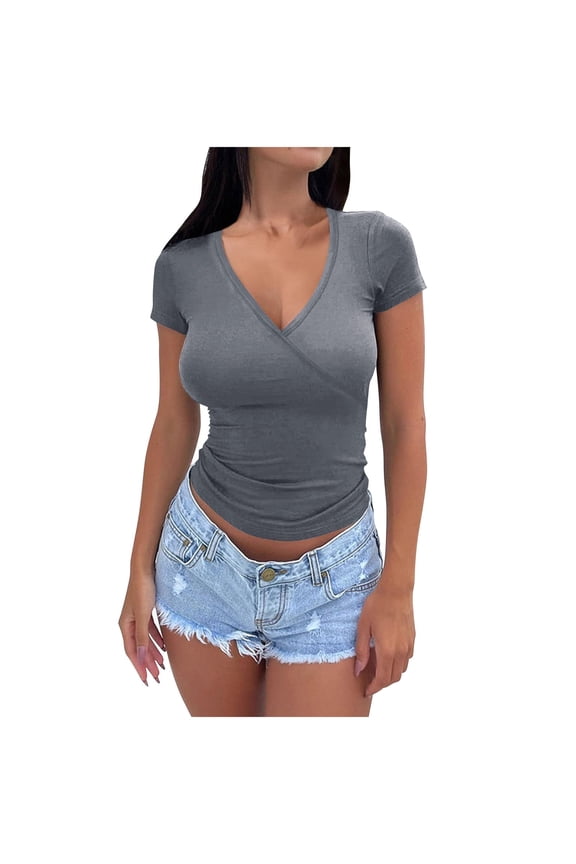 Blouses For Women, Tshirts for Women Short Sleeve Deep V Neck Tops Cross Wrap Ruched Plunge Slim Fit Tee Shirts Tunic Tops Tee