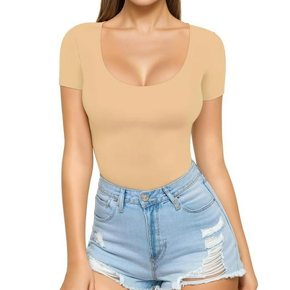 Blouses For Women, Women's Scoop Neck Slim Fitted Short Sleeve Double Lined T Shirt Tight Basic Tops Y2K Tee