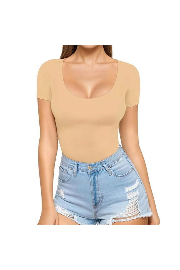 Blouses For Women, Women's Scoop Neck Slim Fitted Short Sleeve Double Lined T Shirt Tight Basic Tops Y2K Tee