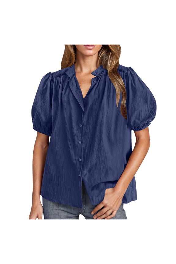 Blouses For Women, Women's Summer Button Down Shirts Short Lantern Sleeve V Neck Cotton Cute Dressy Casual Ladies Tops Blouses
