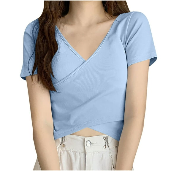 Blouses For Women, Women's Summer Crop Tops Casual Slim Solid Color V Neck Blouses Basic Short Sleeve Y2K 2026 Going Out Trendy Outfit