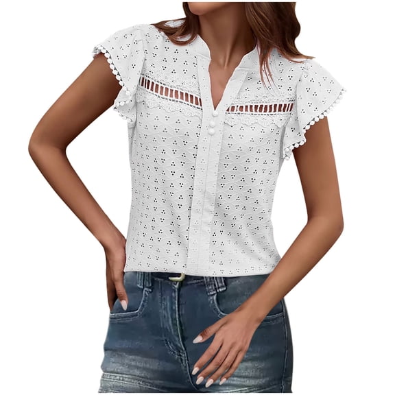 Blouses For Women, Women's Summer Fashion Hollow Out Lock Shirts Flare Sleeve V Neck Tops 2026 Trendy Breathable Beach Blouses