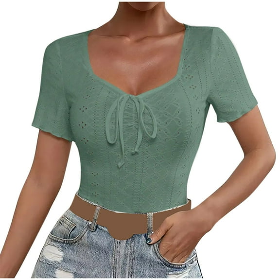 Blouses For Women, Women's Summer Lock Breathable Elegant T-Shirt Low Collar Slim Fit Short Sleeve Tops 2026 Trendy Clothes