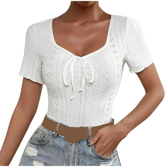 Blouses For Women, Women's Summer Lock Breathable Elegant T-Shirt Low Collar Slim Fit Short Sleeve Tops 2026 Trendy Clothes