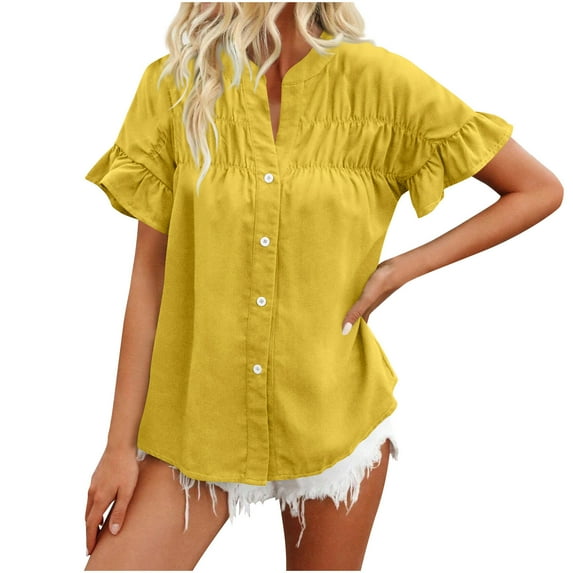 Blouses For Women, Womens Button Down Shirts Ruffle Ruched Short Sleeve Tops Summer Solid Casual Work Business Blouses(Not Denim)