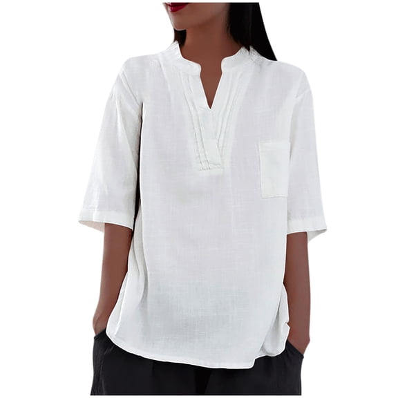 Blouses For Women, Womens Cotton Linen Elbow Sleeve Shirts Summer Vintage Plain Gauzy Tops Cut V Neck Peasant Tunic Loose Boho Blouse