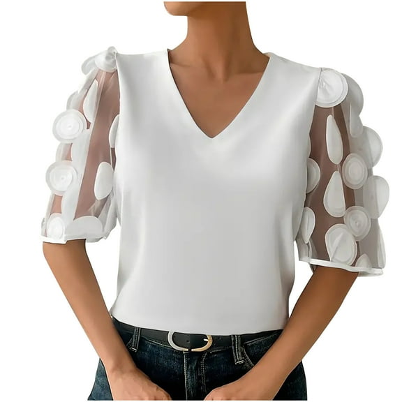 Blouses For Women, Womens Elegant Lace Tops Business Casual Short Sleeve Shirts Summer Patchwork V Neck Work Tunic Ladies Dressy Blouse
