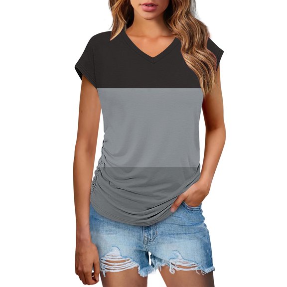 Blouses For Women, Womens Short Sleeve Crewneck Shirts Loose Splice Color Tee T Shirt Tops Casual Summer Side Slit Tee