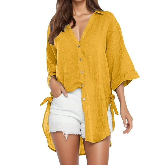 Blouses for Women Business Casual Solid Linen Button Down Shirts Lightweight Breathable Beach Vacation Cover Up Elegant Design Loose Fit Work Blouses Work Shirts Women Yellow XXXL