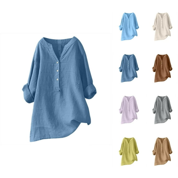 Blouses for Women – Chiffon V Neck Blouse Plus Size Elegant Tops for Spring Office or Summer Date Night Loose Button Down Blouse Tops Stand Solid Sleeve Long Casual Women Shirt Women's Blouse