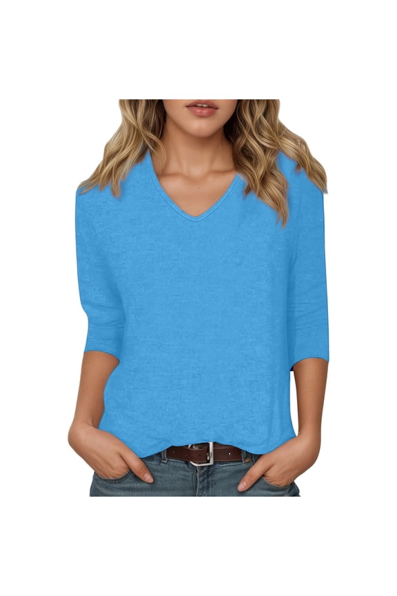 Blouses for Women Classic Solid Dressy Casual 3/4 Length Sleeve Women's Tops V Neck T Shirts Basics Tee 2025 Fall Trendy Clothes Casual Soft Comfy Tops (Light Blue,M)