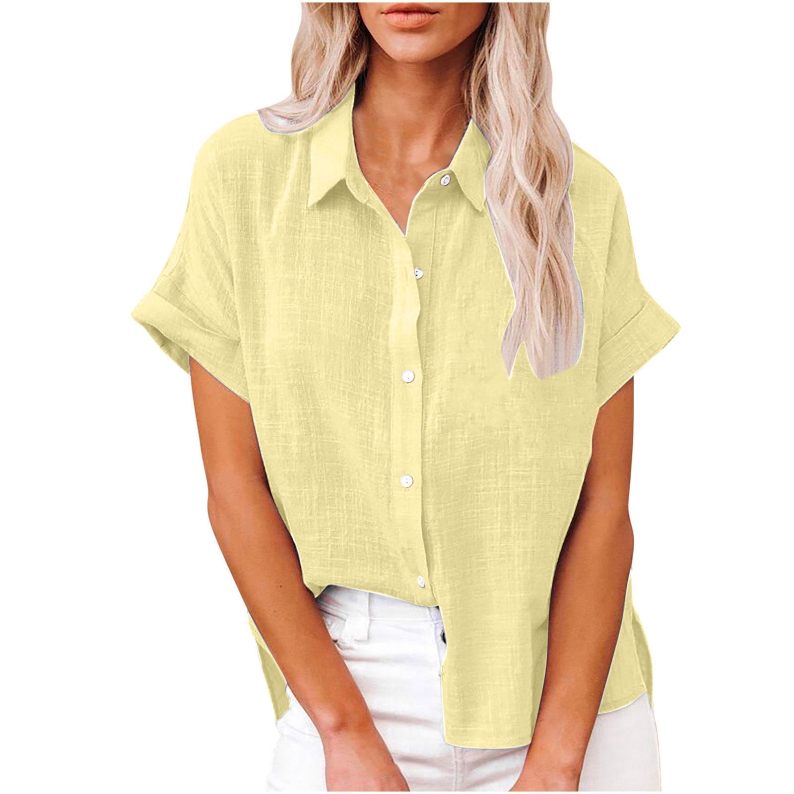 Blouses for Women Comfy Cotton Linen Ladies Tops with Pockets Lapel