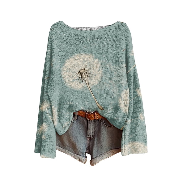 Blouses For Women Dressy Casual Art Print Casual Knitted Pullover Long Sleeve Crewneck Blouse Winter Warm Layer Top Soft Stretch Fabric Loose Fit Blue Womens Blouses Size M