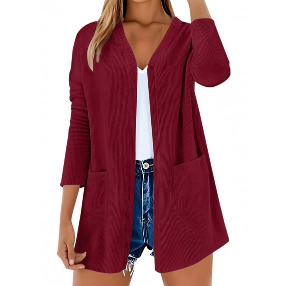 Blouses For Women Dressy Casual Casual Long Sleeved Solid Color Corduroy Cardigan, Loose Fit, Daily Life & Family Gathering, Polyester 1PC, Red XL, Size S-2XL