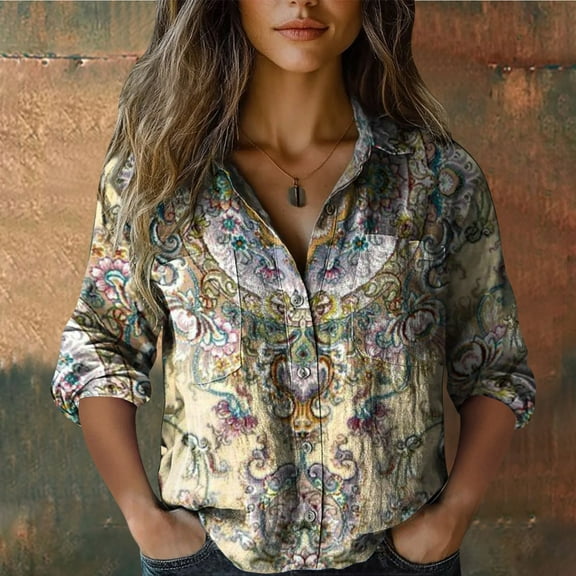 Blouses For Women Dressy Casual Classic Printed Button Up Shirt, Seven Quarter Sleeves Casual Top, Wrinkle-Resistant, Work Wear, Bubble Wrinkles 1PC, Beige L, Size S-5XL