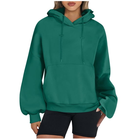 Blouses for Women Dressy Casual Clearance Winter Loose Hooded Long Sleeve Cap Off the Shoulder Drawstring Solid Color Pullover Cotton Sweatshirt Sweatshirts(Green,L)