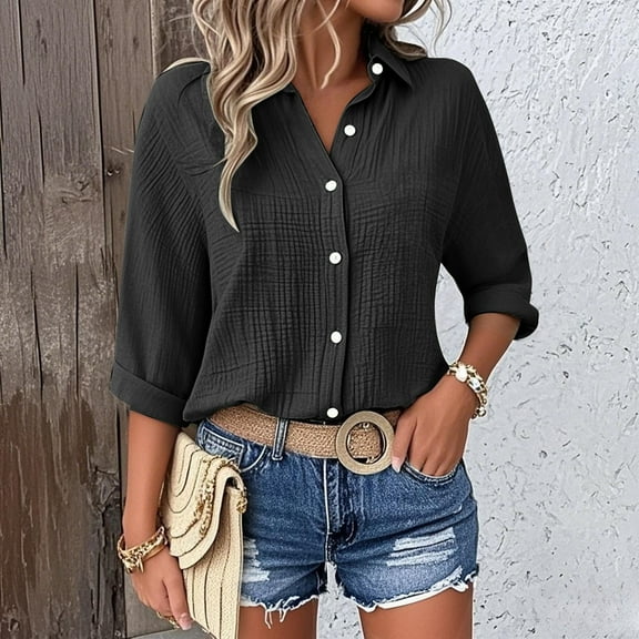 Blouses For Women Dressy Casual Cotton Button Up Shirt, Rolled 7 Inch Sleeves, Summer V Neck Beach Top, Double-Layer Wrinkled Fabric 1pc, Black 4XL, Size S-5XL