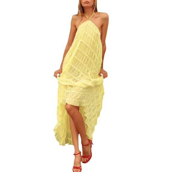 Blouses For Women Dressy Casual, Halter Smocked Lightweight Sexy Lace Beach Vacation Flowy Maxi Bridesmaid Dress Cute Chiffon Dresses Hippie Clothes Church Dresses Shirt (L, Yellow) ZMTing