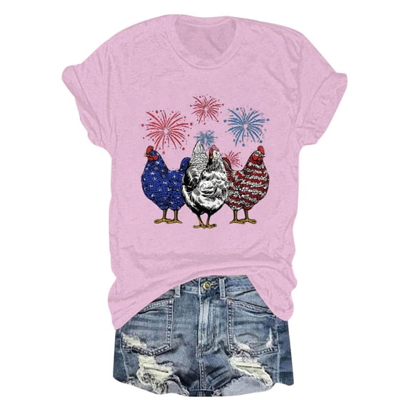 Blouses for Women Dressy Casual Independence Day Printed Short Sleeve Crew Neck Features: Refreshing Breathable Resistant Daily Pink Workout Tops Sizes S