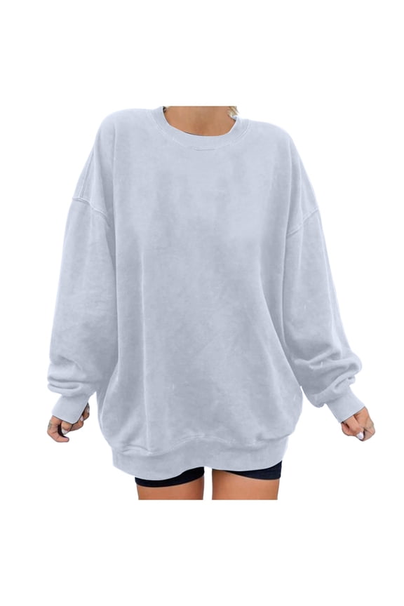 Blouses for Women Dressy Casual Long Sleeve Fall Winter Loose Fit Crewneck Blouson One Shoulder with Pocket Plain Leisure Cotton Pullover Tops(Light Gray,S)