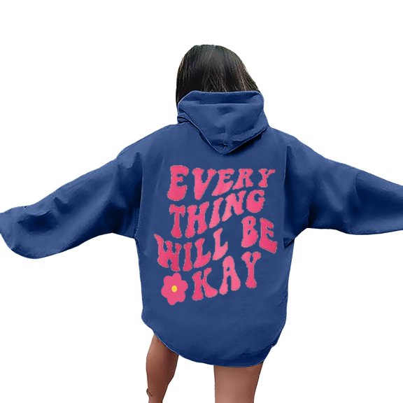 Blouses for Women Dressy Casual Long Sleeve Winter Loose Fit Hooded Mitten- Cold Shoulder Drawstring Floral Leisure Cotton Sweatshirt Sweatshirts(Blue,S)