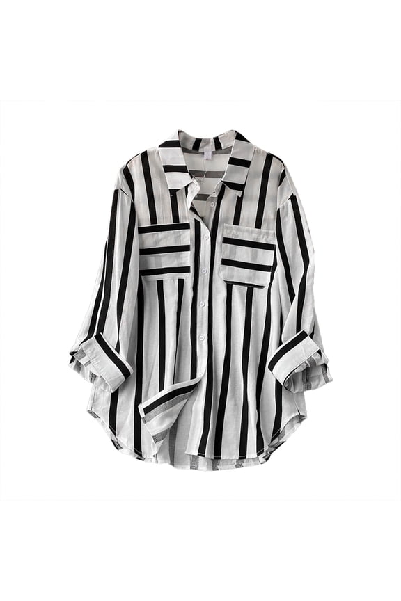 Long Sleeve Shirts for Women Mid Length Vertical Stripe Long Sleeve Shirt - Casual Loose Fit Comfortable Cotton Blend Shirts for Women Womens Blouses