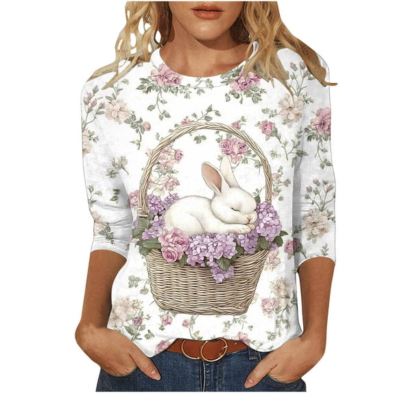 Blouses for Women Dressy Casual Plus,2026 Easter Shirts for Women Funny Bunny Egg Graphic Tees Cute Festival Outfits 3/4 Sleeve Tops Cotton T-Shirt Gifts