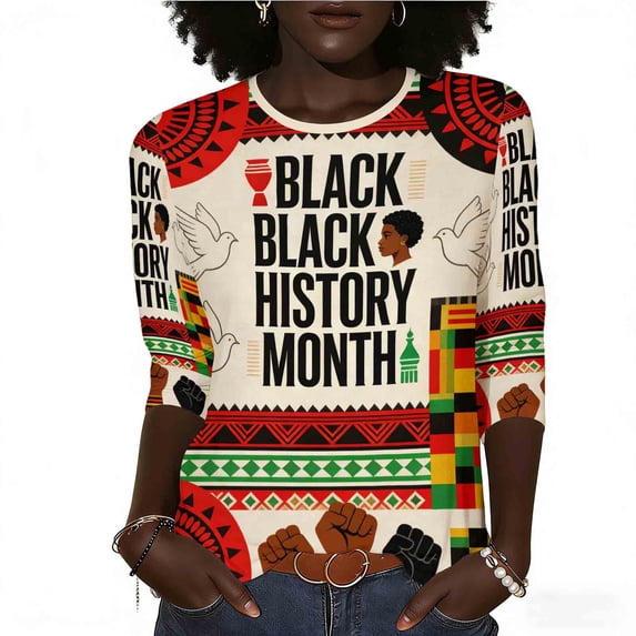 Blouses for Women Dressy Casual Plus Size,Black History Month African T-Shirt for Women Pride Celebration Shirt Blouse 3/4 Sleeve Crewneck Tshirt Tops