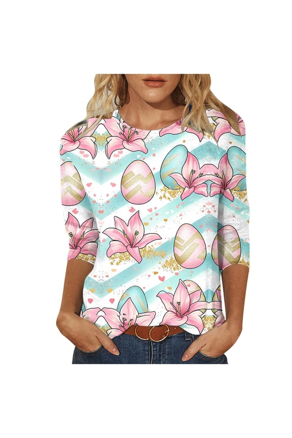 Blouses for Women Dressy Casual Plus Size,Easter Shirts for Women 3/4 Sleeve Crewneck Funny Tops Bunny Rabbit Graphic Tunic Tops Happy Easter Day T-Shirts
