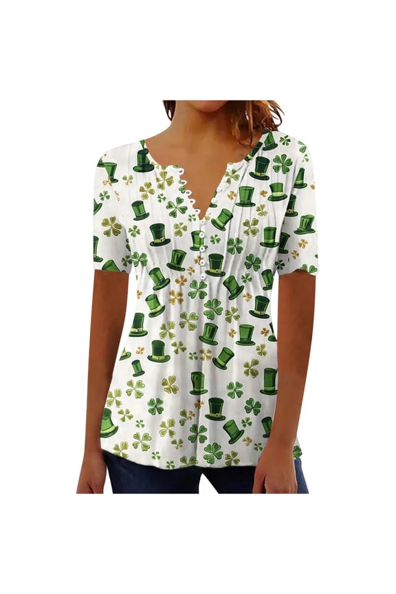 Blouses for Women Dressy Casual Plus Size,St Patricks Day Shirt Women Shamrock Short Sleeve Tops Casual Button V Neck Tunic Blouses Irish Green Outfits