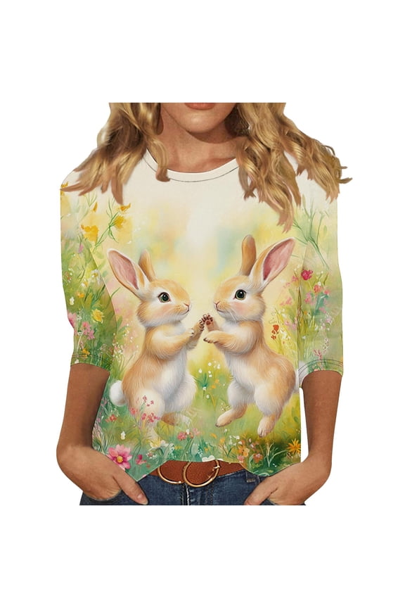 Blouses for Women Dressy Casual Plus,Women Easter Shirts 2025 Cute Rabbit Bunny Pullovers Religious Tunic Blouse Funny Egg Graphic Tees 3/4 Length Sleeve Tops