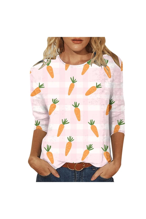 Blouses for Women Dressy Casual Plus,Womens Easter Shirts Funny Plaid Leopard Bunny Rabbit Graphic T-Shirt 3/4 Sleeve Happy Easter Holiday Tee Tops 2026