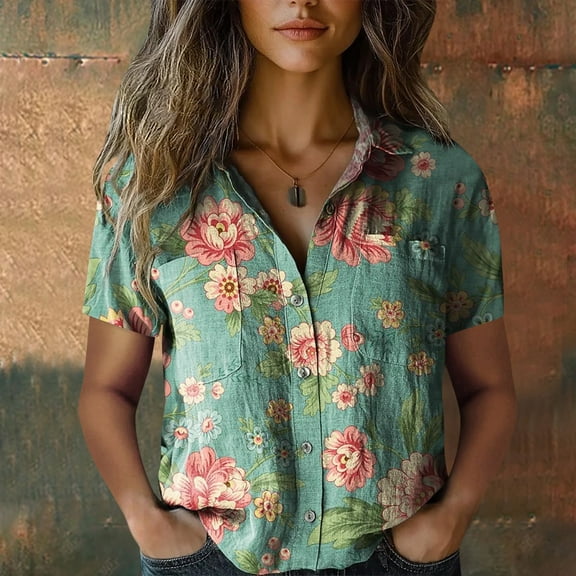 Blouses For Women Dressy Casual Printed Cotton Shirt, Casual Short Sleeve Fashion Down Blouse, Smooth Comfortable, Vacation Outfits, Bubble Wrinkles 1PC, Green 2XL, Size S-5XL