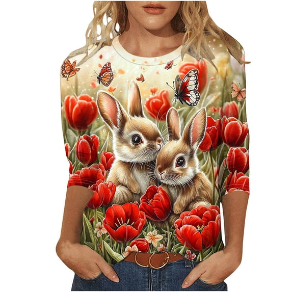 Blouses for Women Dressy Casual Summer,Easter Shirts for Women 2026 Funny Cute Bunny Egg Printed Tees Casual 3/4 Sleeve Tops Happy Easter T-Shirt Outfits