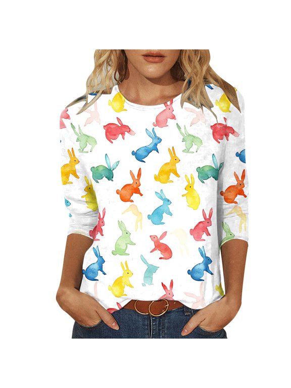 Easter Shirts for Women 3/4 Sleeve Crewneck Funny Tops Bunny Rabbit Graphic Tunic Tops Happy Easter Day T-Shirts