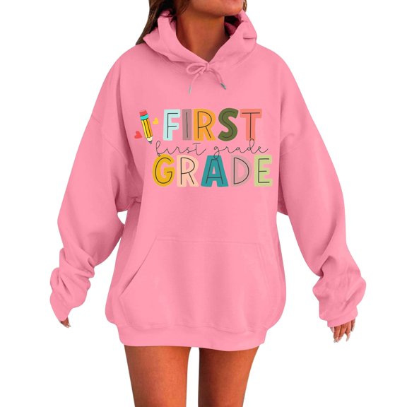 Blouses For Women Dressy Casual Teacher Hoodless Sweatshirt First Day Of School Graphic Top Round Neck Long Sleeve Pullover Casual Daily Wear Pink Womens Blouses Size M