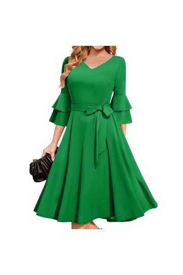 green emerald velvet dress Easter Dresses Casual Daily Elegant Solid Color Ruffle Irregular Hem O Neck Wrapped Skirt Dresses(Red/M) main image 0
