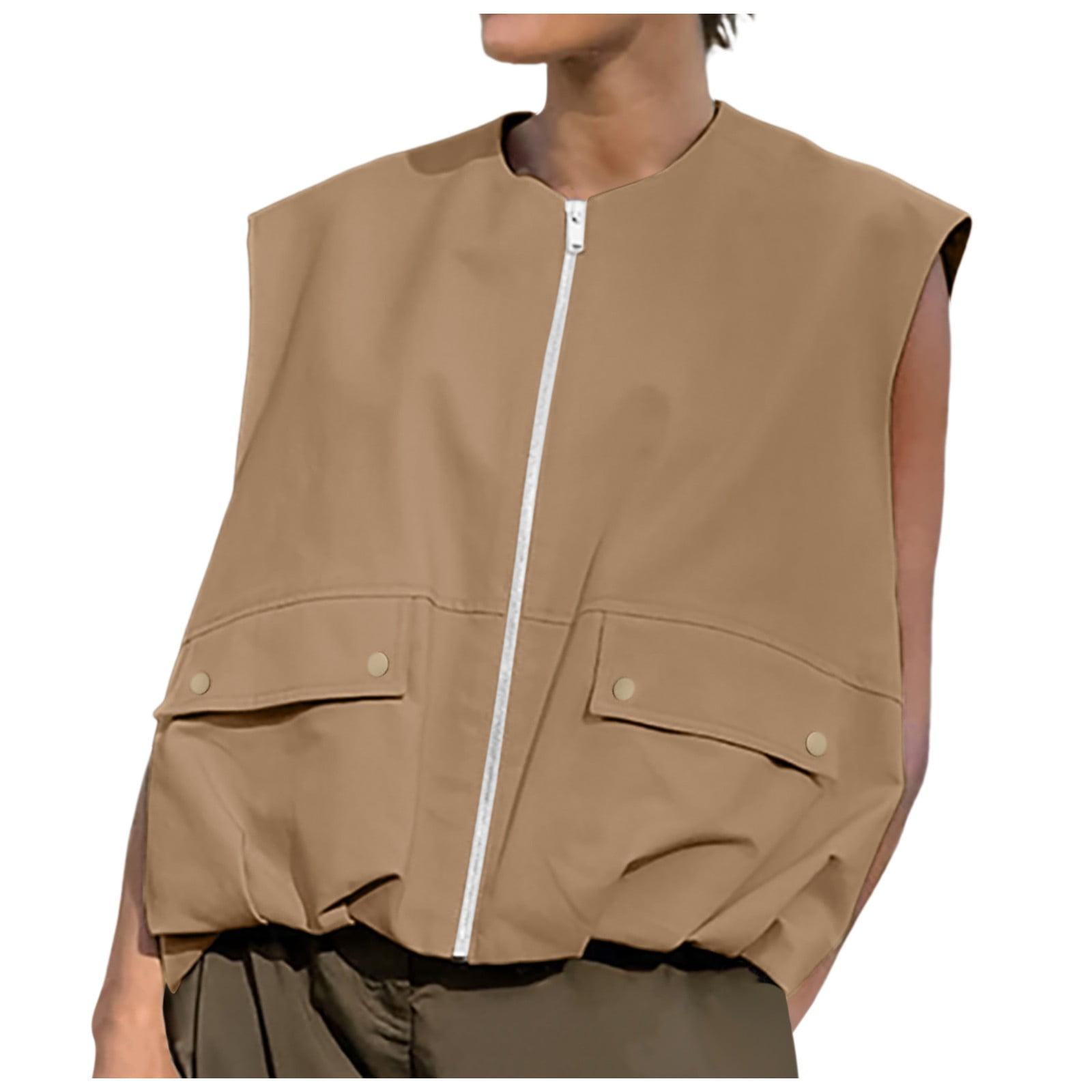 Blouses for Women Dressy Casual Women's Fashion Sleeveless Pocket Wide Songma Solid Color Cardigan Zipper Athletic Wear Women Long Sleeve Casual T Shirt Long Sleeve Tops for Womens Baseball Te Brown S