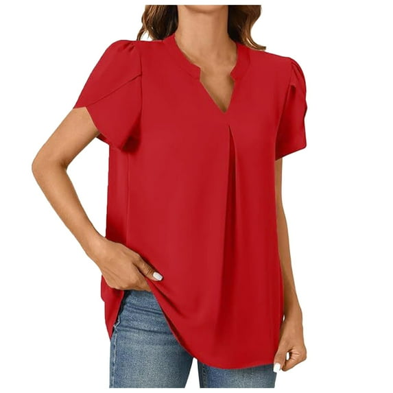 Blouses for Women Dressy Casual Women's Summer Casual T Shirts Dressy Chiffon Blouses Petal Short Sleeve V Neck Tunic Tops for Leggings Women Elegant Tops Thermals Long Sleeves Athletic Womens F Red L