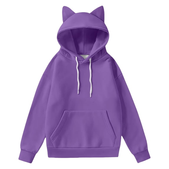 Blouses For Women Dressy Casual Y2K Cute Cat Ear Oversized Pullover Long Sleeve Hoodie With Front Pocket Polyester & Spandex Purple Womens Blouses Size 2Xl