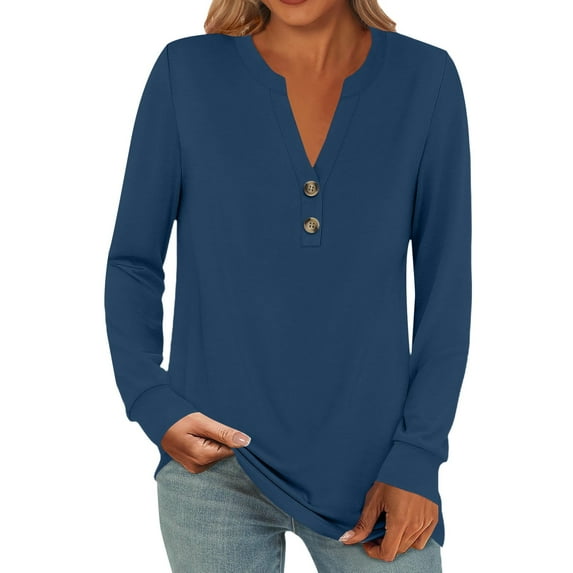 Blouses for Women Dressy Casual, Yigetop Women Fashion Casual Long Sleeve Buttons Solid Color Tops Shirts Blouses Tops Oversized Blouses for Women Blue L