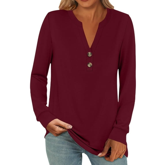 Blouses for Women Dressy Casual, Yigetop Women Fashion Casual Long Sleeve Buttons Solid Color Tops Shirts Blouses Tops Oversized Blouses for Women Brick Red XL